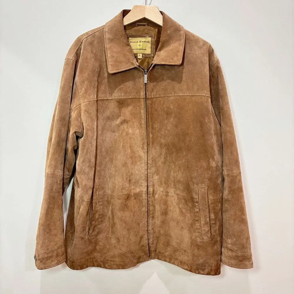 Boston Harbour Outdoor Wear Men XL Soft Brown Suede Leather Jacket Zip Workwear